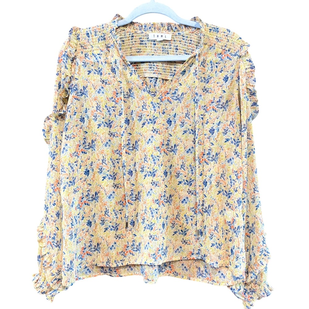 THML Floral Smocked Yoke Ruffle Blouse Blue Orange Yellow JH1901-CR Small